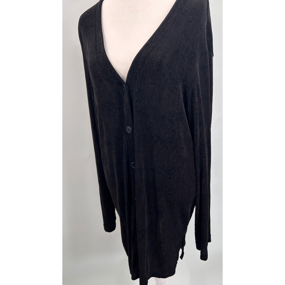 Carole Little Black Ribbed Long Cardigan Duster Floral Texture 1X Plus Size - Picture 10 of 14